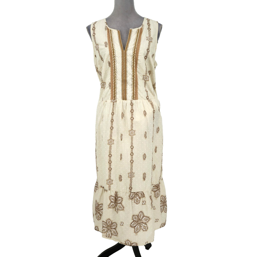 J Jill Dress Womens Tall Large LT TL Beige Embroidered Cotton Lined Swiss Dot